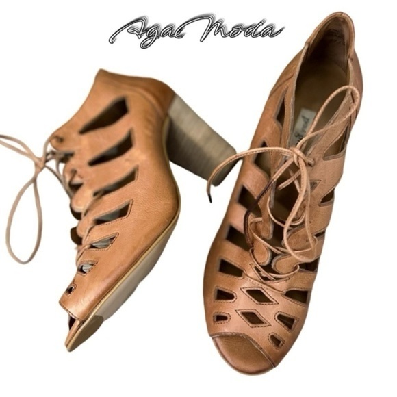 PAUL GREEN cognac color heeled ankle cut out peep toe booties with laces - Picture 1 of 13